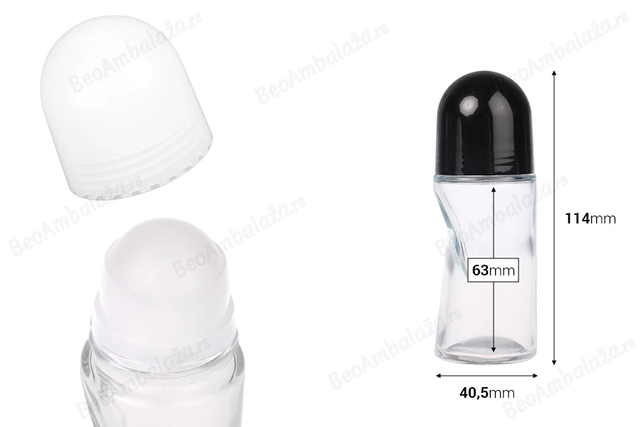 Roll - on staklena bočica 50mL sa crnim ili belim zatvaračem-dimenzije_slike