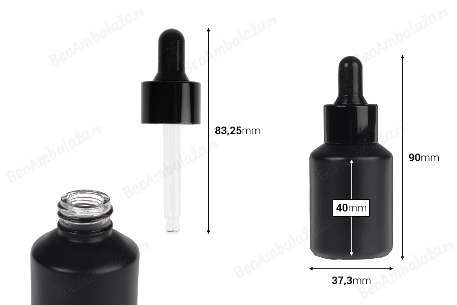 Staklena crna mat bočica 30 mL sa crnom pipetom-dimenzije_slike