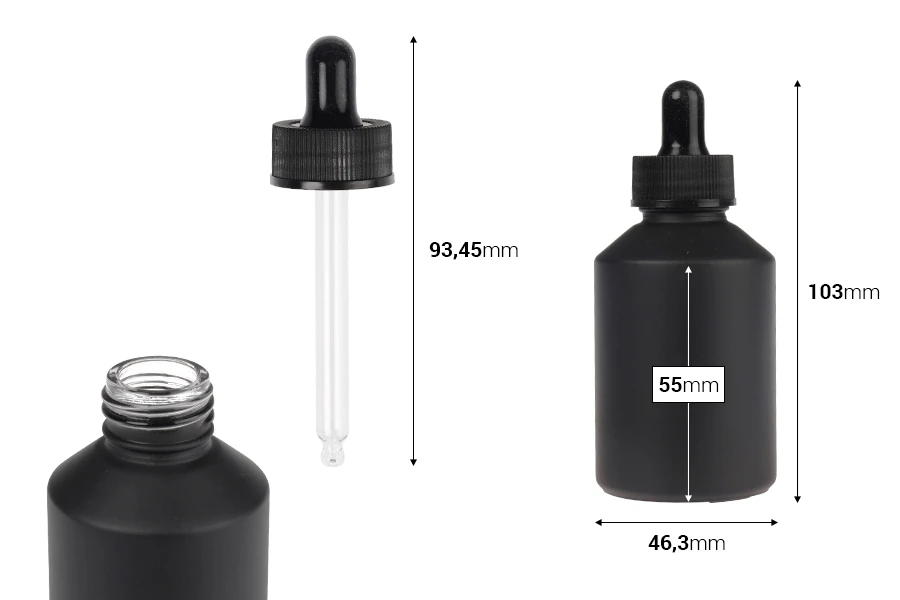 Staklena crna mat bočica 60 mL sa crnom pipetom
