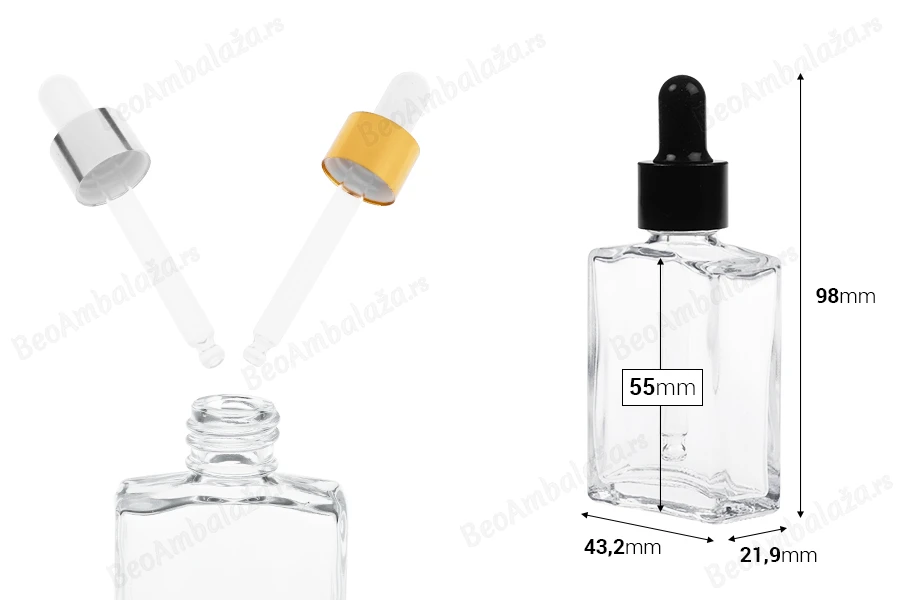 Staklena providna bočica 30 mL sa pipetom u više boja-dimenzije_slike