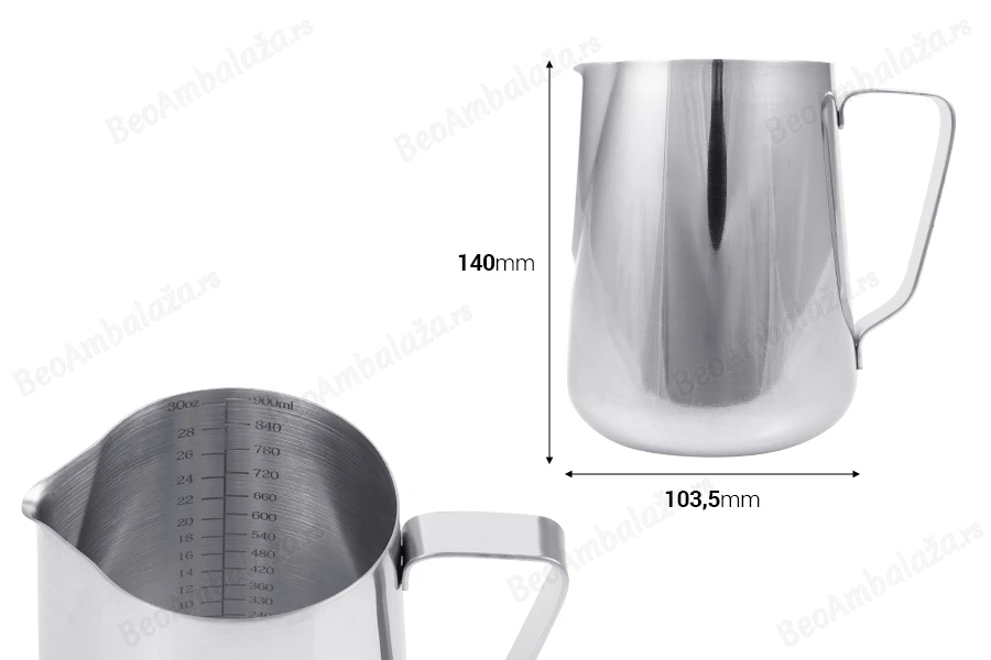 Posuda od nerđajućeg čelika (Inox) sa menzurom i drškom 900mL-dimenzije_slike