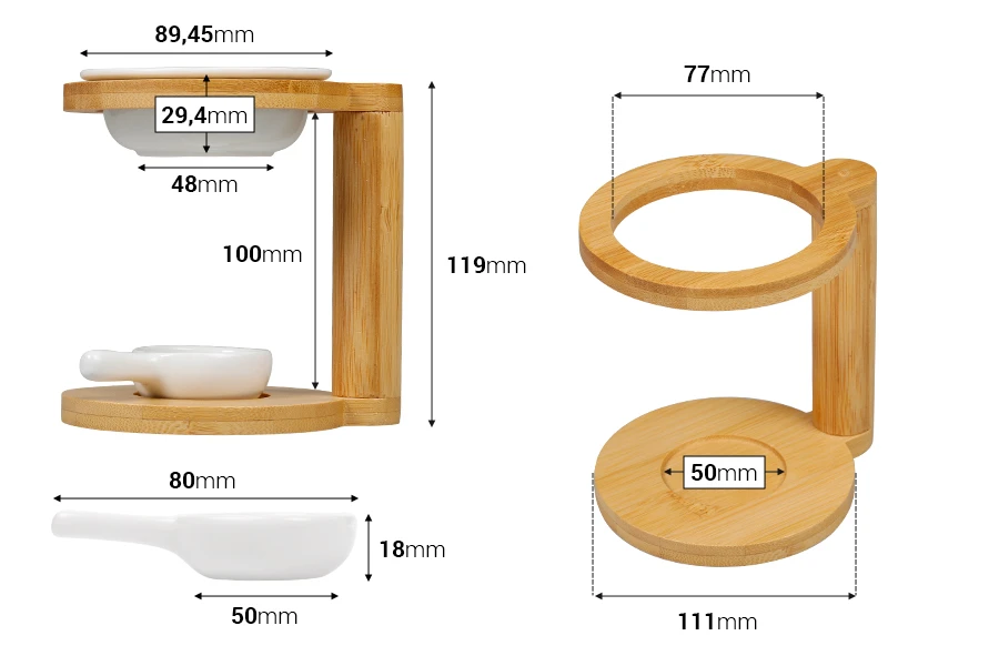 Drveni osveživač prostora sa keramičkom posudom za aromatične voskove ili ulja i sa keramičkom kašičicom za svećicu-dimenzije_slike