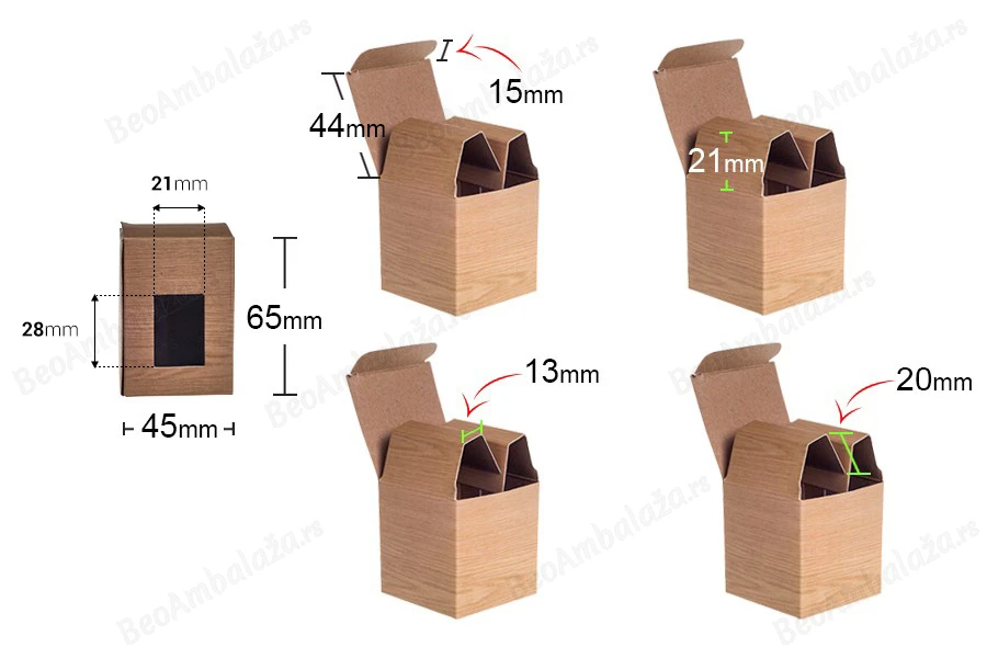 Kartonska kutija 45x45x65mm sa prozorom, u dezenu drveta, za teglice za kreme od 30mL i 40mL - 50 kom-dimenzije_slike