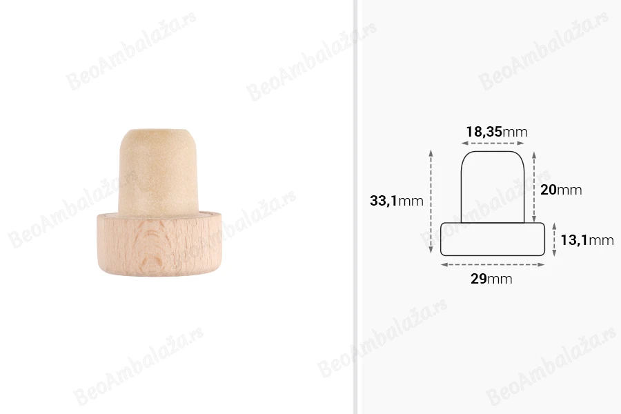 Čep od sintetičke silikonske plute f18,5 mm sa dozerom i drvenom odvojivom glavom-dimenzije_slike