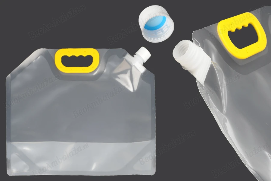 DoyPack kesica za tečnosti 5 L providna sa belim sigurnosnim zatvaračem i ručkom – 10 kom-slika_proizvoda