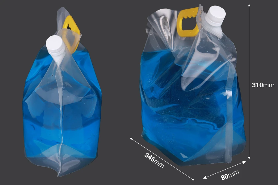 DoyPack kesica za tečnosti 5 L providna sa belim sigurnosnim zatvaračem i ručkom – 10 kom