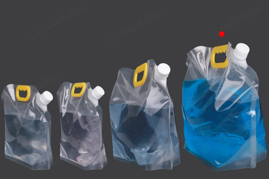 DoyPack kesica za tečnosti 5 L providna sa belim sigurnosnim zatvaračem i ručkom – 10 kom-grupa_slika