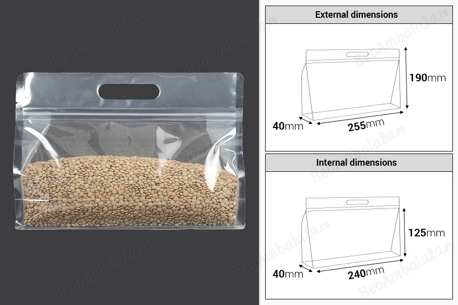 DoyPack kesice 255x40x190mm providne sa zip zatvaranjem i mogućnošću termo zatvaranja – 50 kom-dimenzije_slike