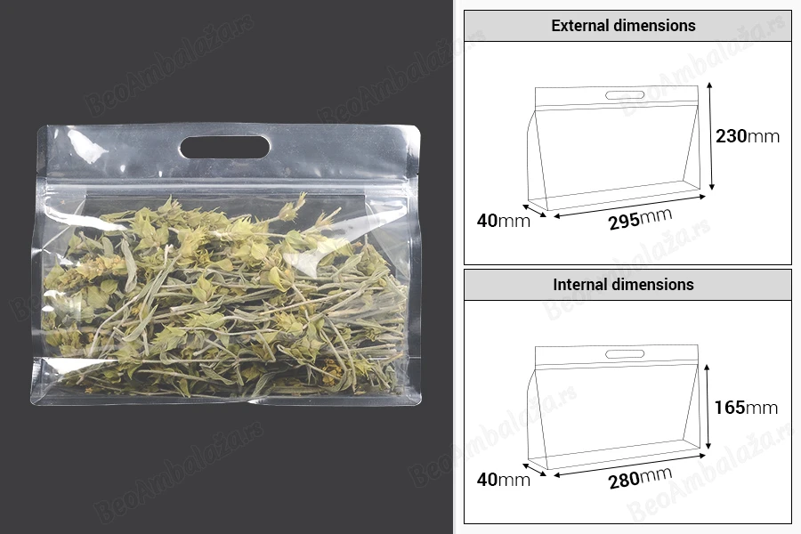 DoyPack kesice 295x40x230mm providne sa zip zatvaranjem i mogućnošću termo zatvaranja – 50 kom-dimenzije_slike