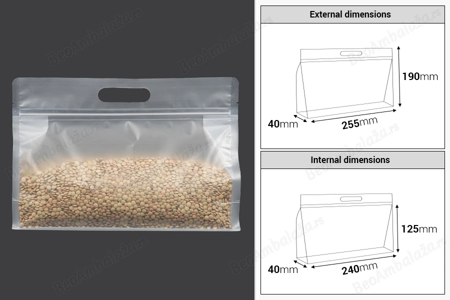 DoyPack kesice 255x40x190mm poluprovidne sa zip zatvaranjem i mogućnošću termo zatvaranja – 50 kom-dimenzije_slike