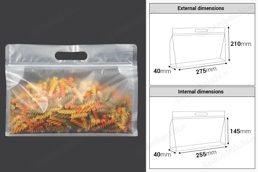 DoyPack kesice 275x40x210mm poluprovidne sa zip zatvaranjem i mogućnošću termo zatvaranja – 50 kom-dimenzije_slike