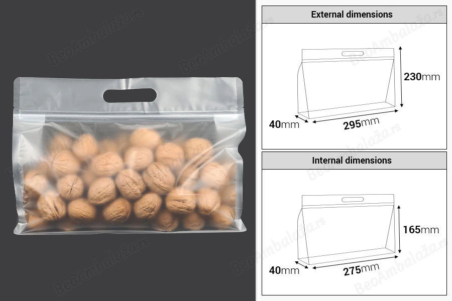 DoyPack kesice 295x40x230mm poluprovidne sa zip zatvaranjem i mogućnošću termo zatvaranja – 50 kom-dimenzije_slike