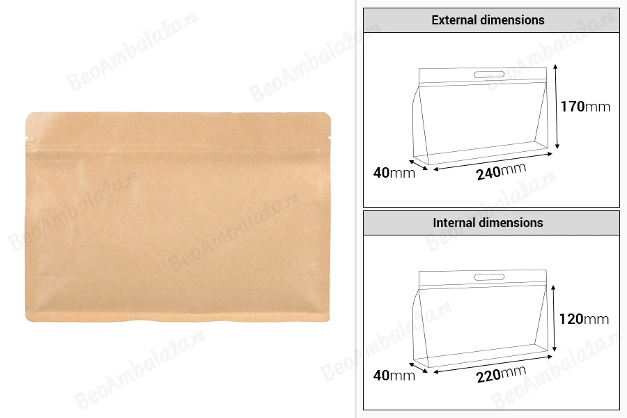 DoyPack kesice 240x40x170mm kraft sa zip zatvaranjem i mogućnošću termo zatvaranja – 50 kom-dimenzije_slike