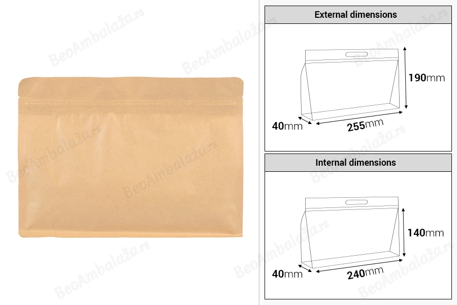 DoyPack kesice 255x40x190mm kraft sa zip zatvaranjem i mogućnošću termo zatvaranja – 50 kom-dimenzije_slike