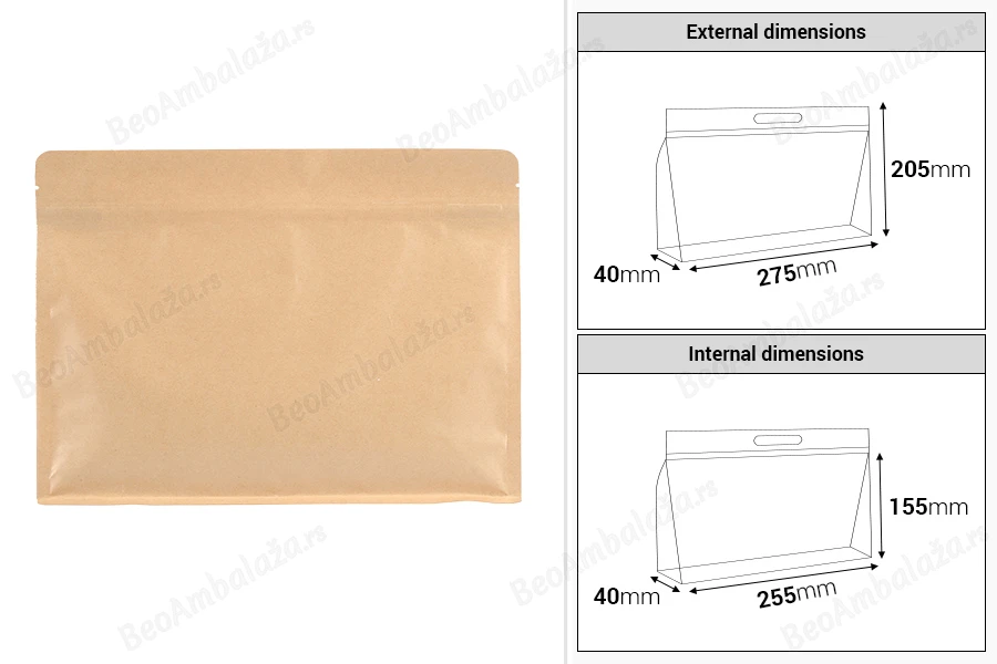 DoyPack kesice 275x40x205mm kraft sa zip zatvaranjem i mogućnošću termo zatvaranja – 50 kom-dimenzije_slike