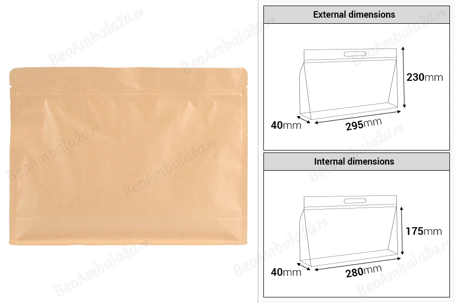 DoyPack kesice 295x40x230mm kraft sa zip zatvaranjem i mogućnošću termo zatvaranja – 50 kom-dimenzije_slike