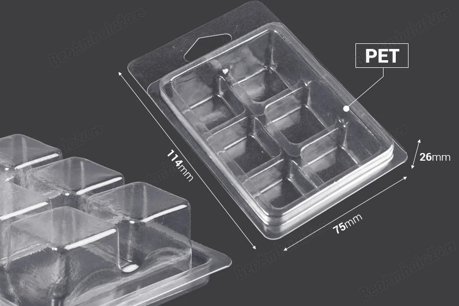 Plastični (PET) kalup sa 6 mesta za kocke voska (melts) - 20 kom-dimenzije_slike