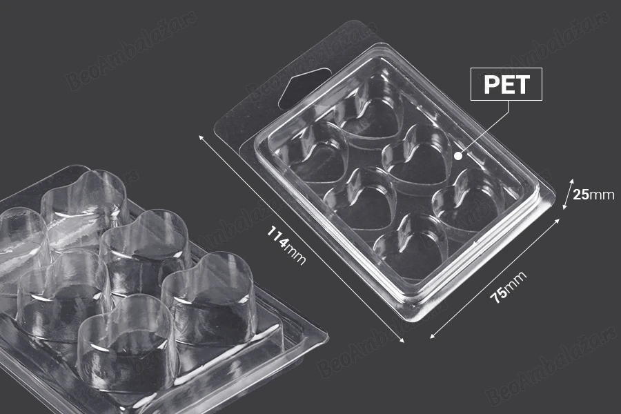 Plastični (PET) kalup sa 6 mesta za srca od voska (melts) - 20 kom-dimenzije_slike