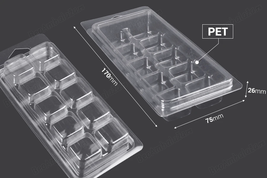 Plastični (PET) kalup sa 10 mesta za kocke voska (melts) - 20 kom-dimenzije_slike