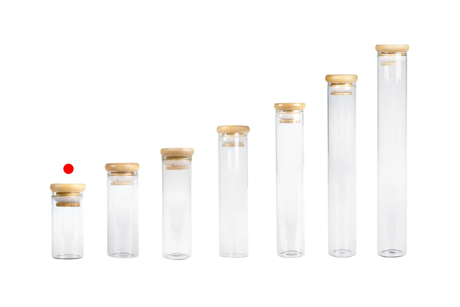Staklena providna epruveta 30 ml sa poklopcem od bambusa i sigurnosnom gumicom – 6 kom Staklena providna epruveta 30 ml sa poklopcem od bambusa i sigurnosnom gumicom – 6 kom