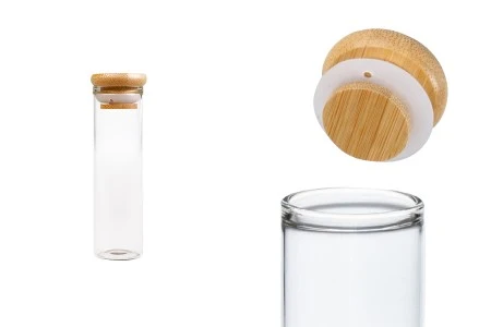 Staklena providna epruveta 50 ml sa poklopcem od bambusa i sigurnosnom gumicom – 6 kom-1