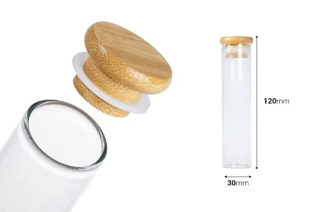 Staklena providna epruveta 65 ml sa poklopcem od bambusa i sigurnosnom gumicom – 6 kom-2