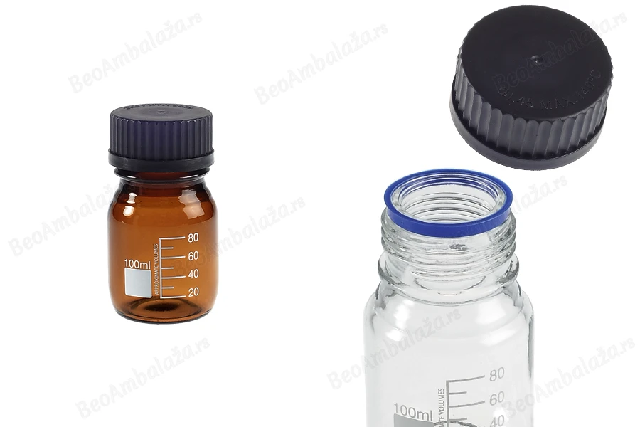 Graduisana staklena boca od 100 ml sa crnim plastičnim poklopcem-slika_proizvoda