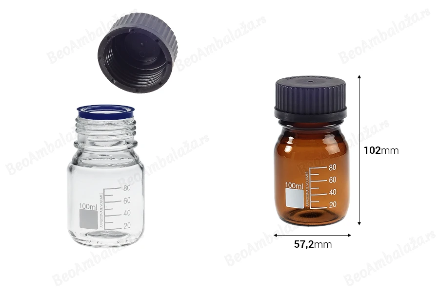 Graduisana staklena boca od 100 ml sa crnim plastičnim poklopcem-dimenzije_slike