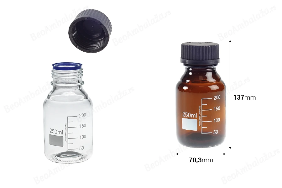 Graduisana staklena boca od 250 ml sa crnim plastičnim poklopcem-dimenzije_slike