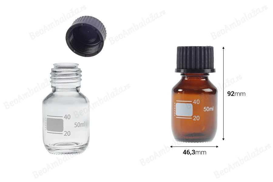 Graduisana staklena boca od 50 ml sa crnim plastičnim poklopcem-dimenzije_slike