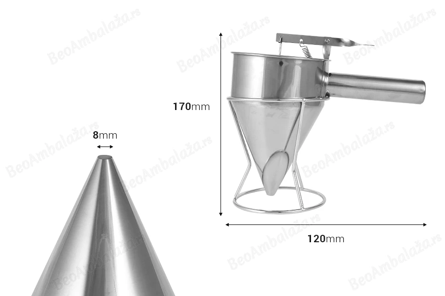 Alat od nerđajućeg čelika - levak od 600 mL (vrh od 8 mm) za punjenje kalupa sveća i sapuna-dimenzije_slike