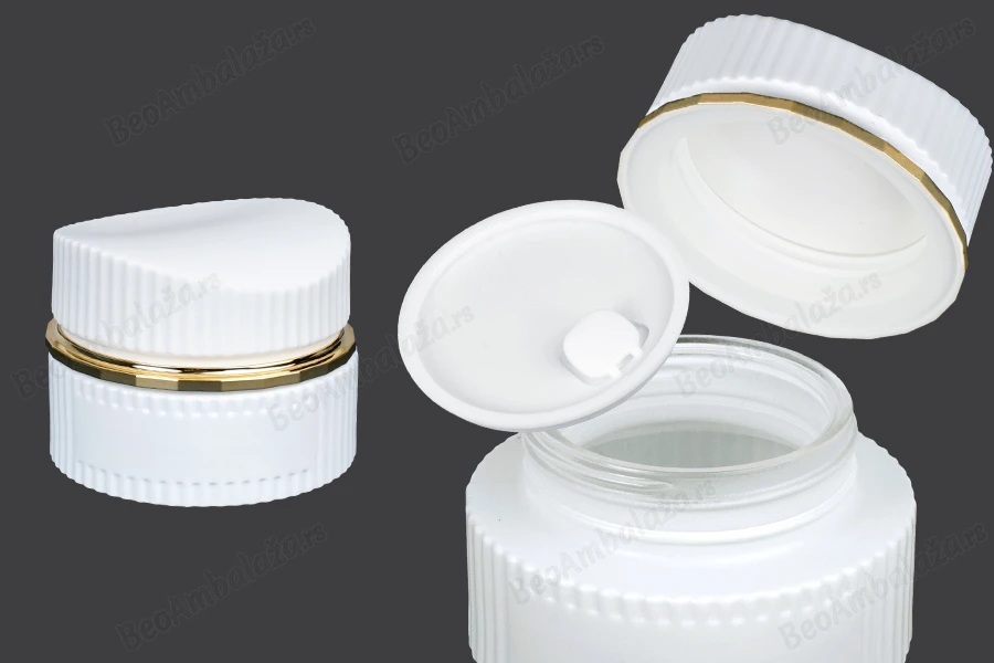 Staklena teglica 30 ml luksuzna bela mat za kremu sa zatvaračem i plastičnim međupoklopcem-slika_proizvoda