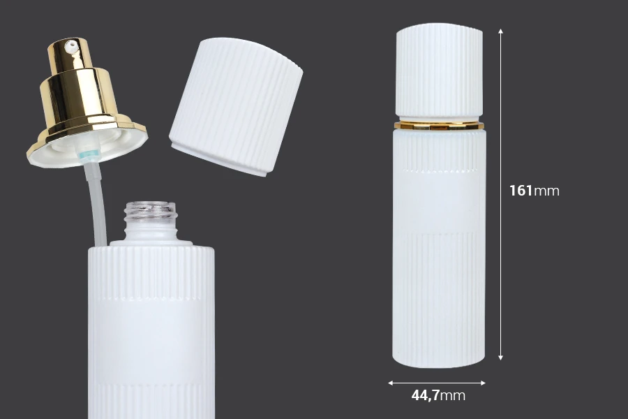 Staklena bočica 100 ml luksuzna bela mat sa poklopcem i zlatnom pumpicom za kremu Staklena bočica 100 ml luksuzna bela mat sa poklopcem i zlatnom pumpicom za kremu