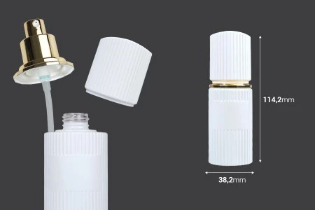 Staklena bočica 30 ml luksuzna bela mat sa poklopcem i zlatnom pumpicom za kremu-2