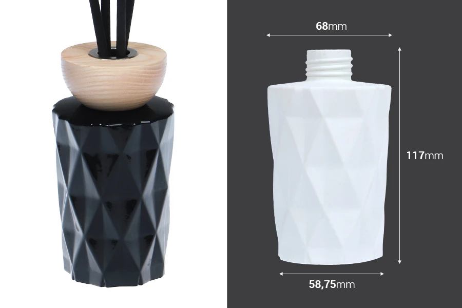 Staklena bočica 180mL (PP28) sa reljefom, u crnoj ili beloj boji, pogodna za osveživače prostora Staklena bočica 180mL (PP28) sa reljefom, u crnoj ili beloj boji, pogodna za osveživače prostora