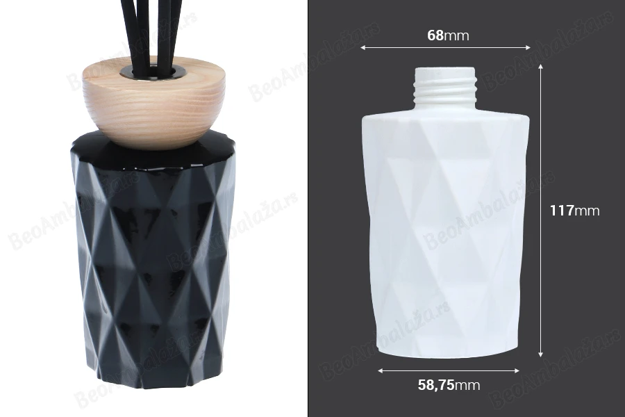 Staklena bočica 180mL (PP28) sa reljefom, u crnoj ili beloj boji, pogodna za osveživače prostora-dimenzije_slike
