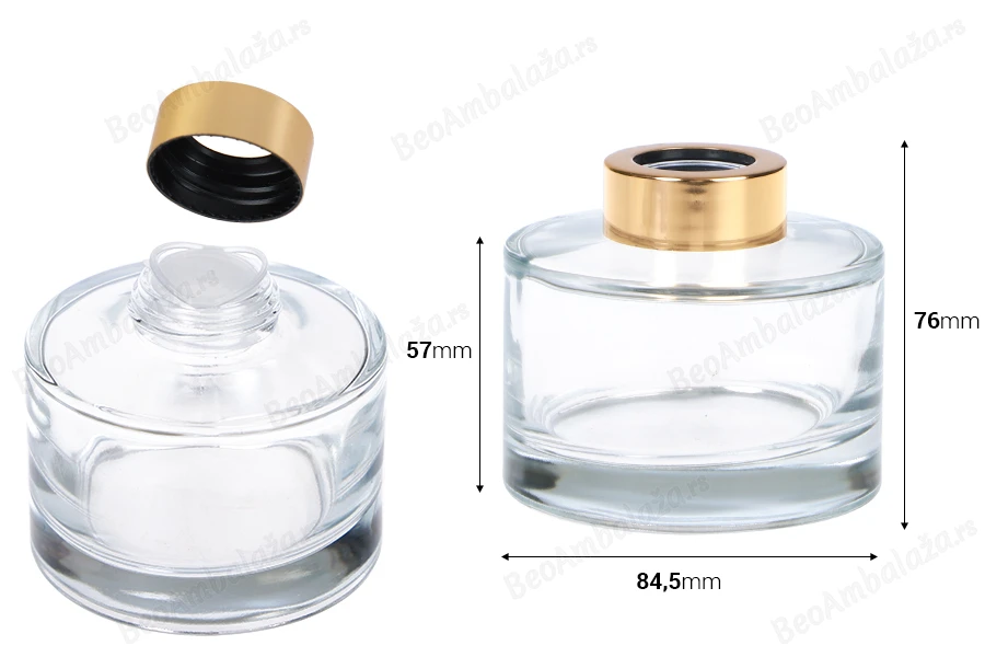 Staklena bočica 200ml cilindrična providna sa zlatnim zatvaračem i plastičnim čepom-dimenzije_slike