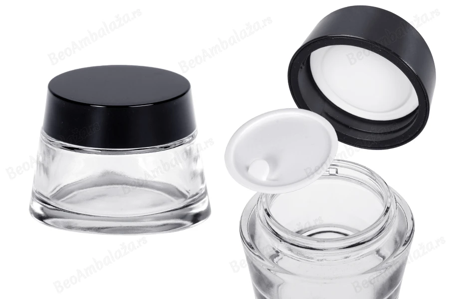 Staklena providna teglica 100 ml za kremu sa zatvaračem i plastičnim međupoklopcem-slika_proizvoda