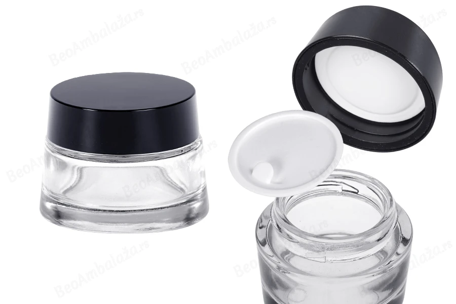 Staklena providna teglica 50 ml za kremu sa zatvaračem i plastičnim međupoklopcem-slika_proizvoda