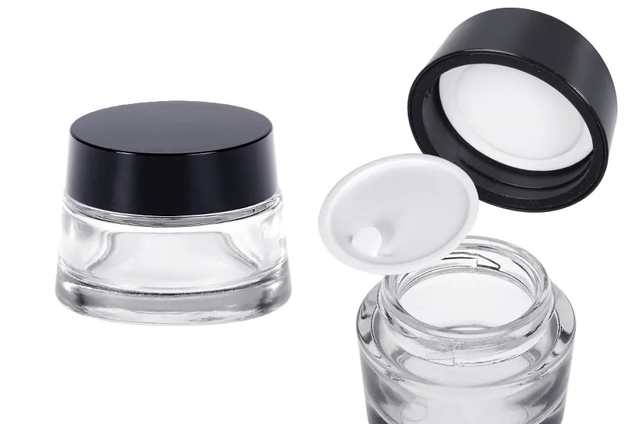 Staklena providna teglica 50 ml za kremu sa zatvaračem i plastičnim međupoklopcem Staklena providna teglica 50 ml za kremu sa zatvaračem i plastičnim međupoklopcem