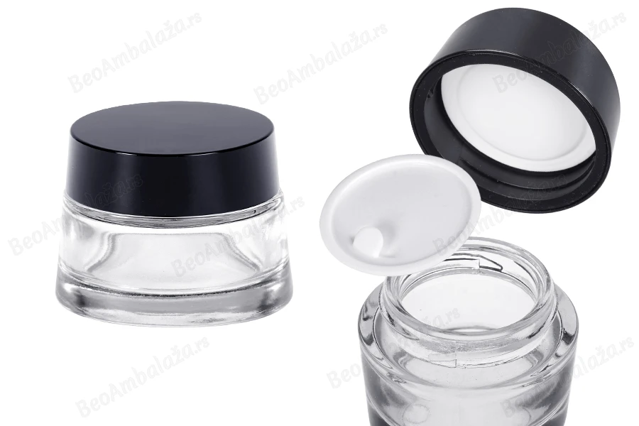 Staklena providna teglica 50 ml za kremu sa zatvaračem i plastičnim međupoklopcem-slika_proizvoda
