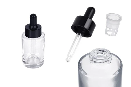 Staklena bočica 30 ml providna sa crnom pipetom za serum i regulatorom toka-1