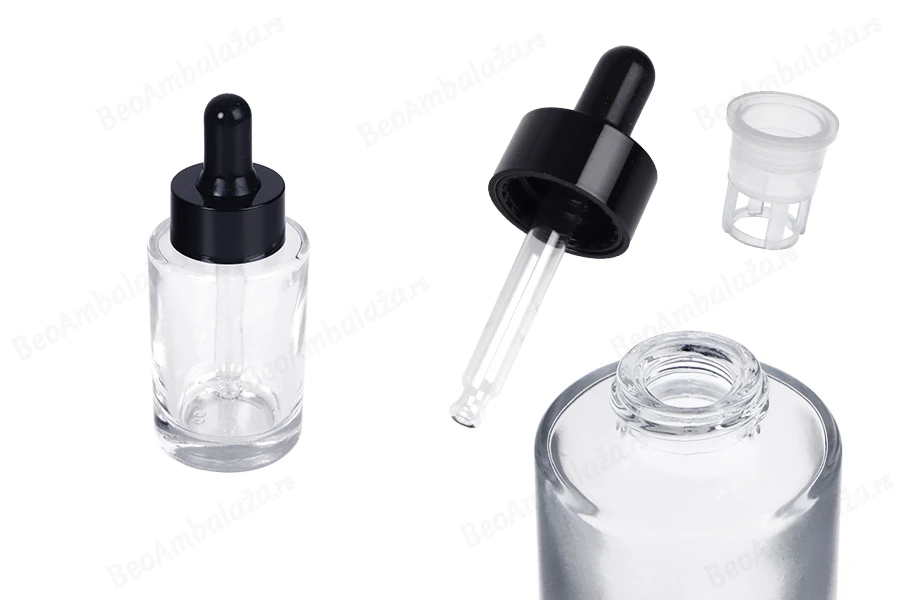 Staklena bočica 30 ml providna sa crnom pipetom za serum i regulatorom toka-slika_proizvoda