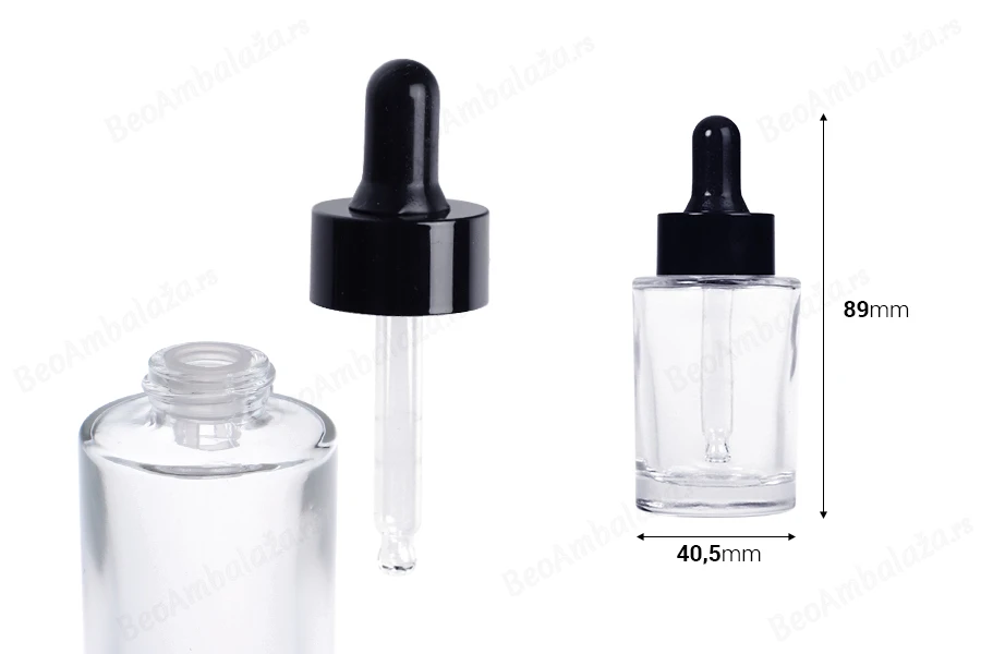 Staklena bočica 30 ml providna sa crnom pipetom za serum i regulatorom toka-dimenzije_slike