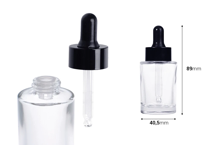 Staklena bočica 30 ml providna sa crnom pipetom za serum i regulatorom toka-dimenzije_slike