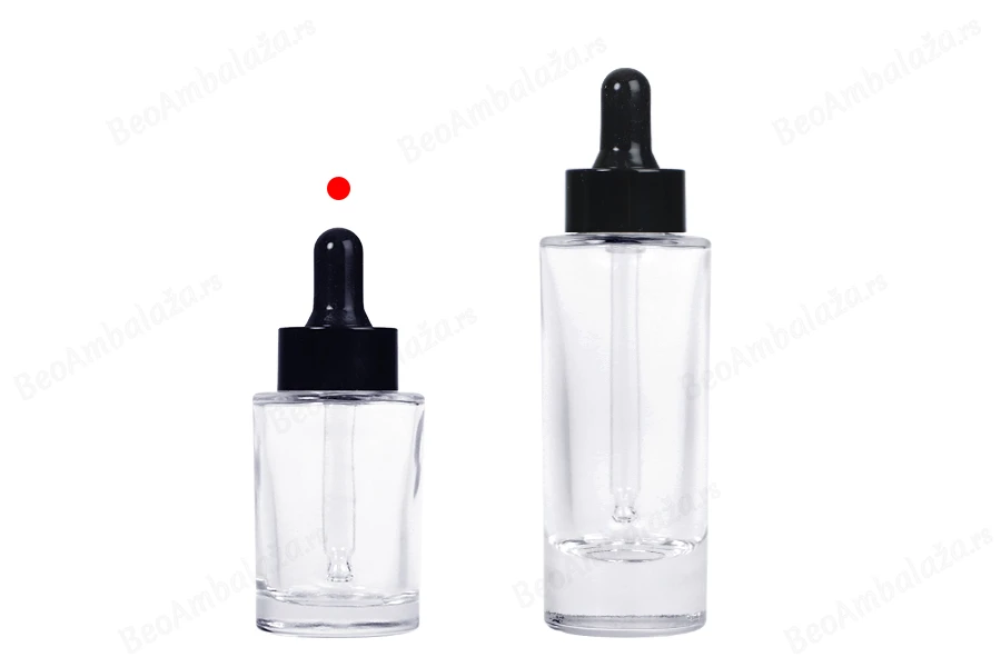 Staklena bočica 30 ml providna sa crnom pipetom za serum i regulatorom toka-grupa_slika