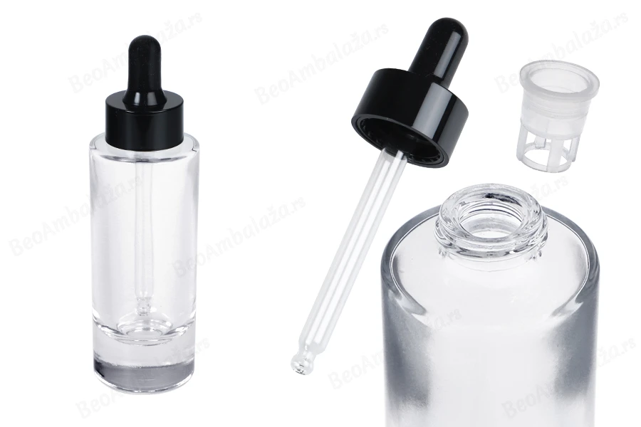Staklena bočica 38 ml providna sa crnom pipetom za serum i regulatorom toka-slika_proizvoda