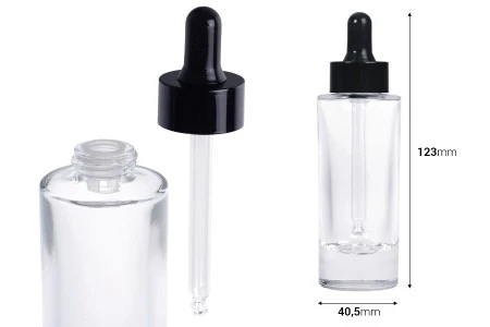 Staklena bočica 38 ml providna sa crnom pipetom za serum i regulatorom toka-2