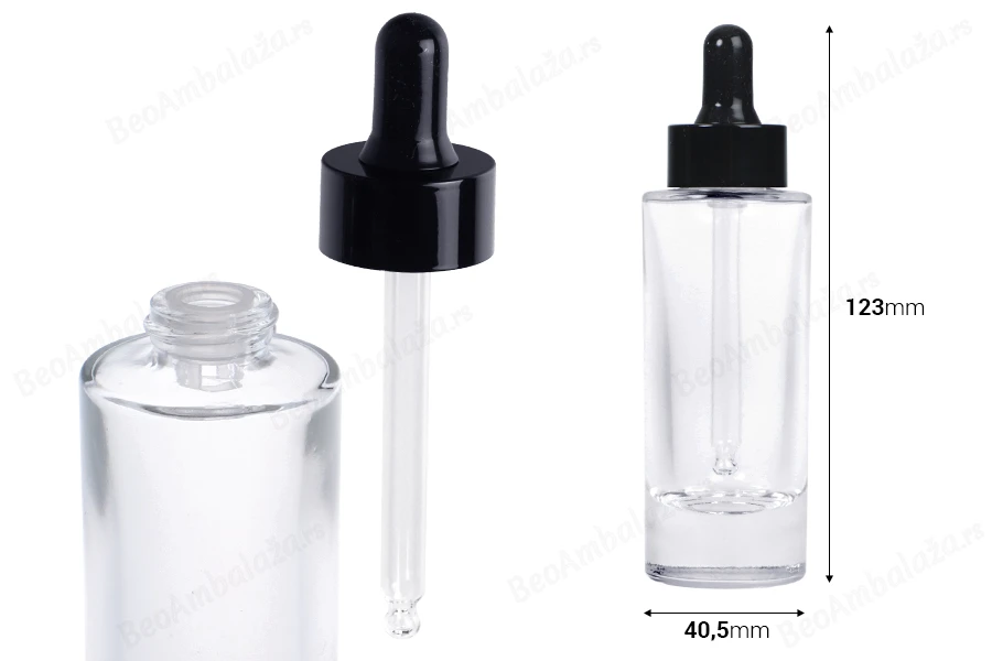 Staklena bočica 38 ml providna sa crnom pipetom za serum i regulatorom toka-dimenzije_slike