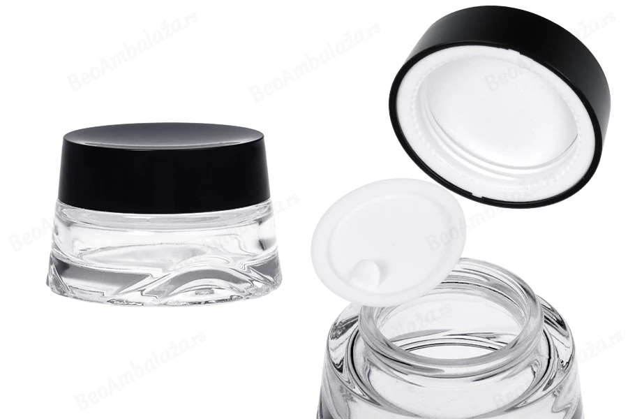 Staklena teglica 30 ml providna za kremu sa crnim zatvaračem i plastičnim međupoklopcem-slika_proizvoda